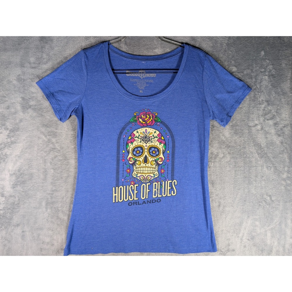 House of Blues Orlando Womens Blue Heathered Sugar Skull Floral Graphic Tee XL